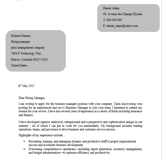 Cover Letter for Business Manager
