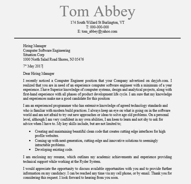 Computer Softwer Engineering Cover Letter