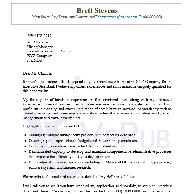 Cover Letter, Executive Assistant