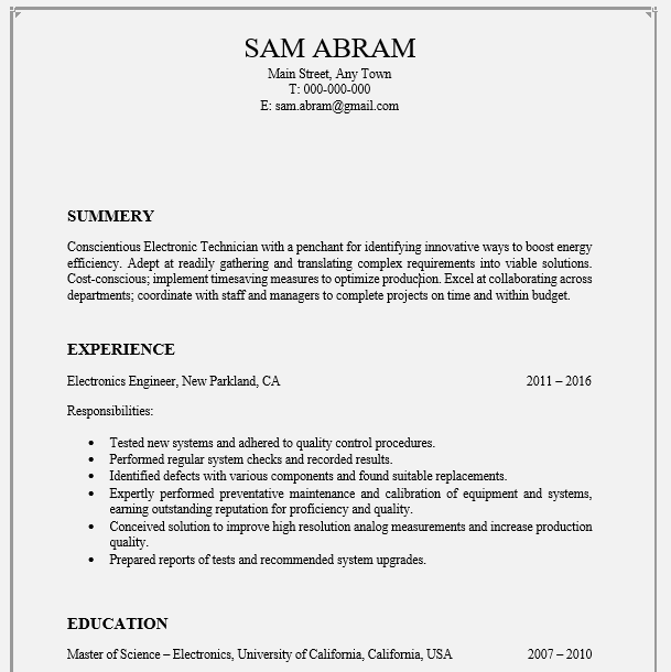 Electronic Engineer Resume