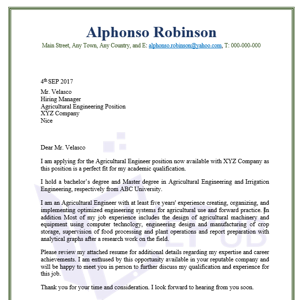 Agricultural Engineering Cover Letter