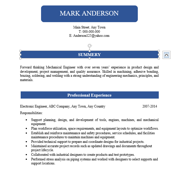 Mechanical Engineer Resume